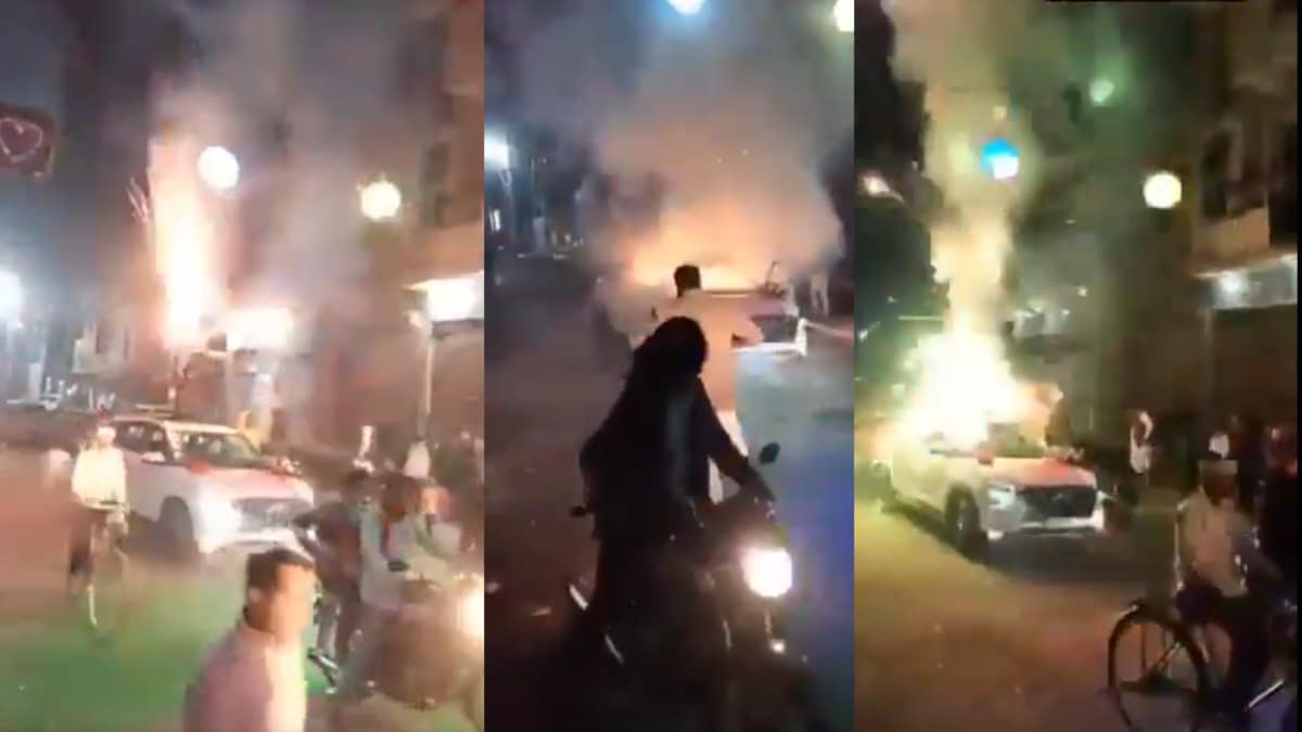 A celebration in Saharanpur wedding, Uttar Pradesh, took a dangerous turn when a car caught fire due to reckless use of firecrackers.